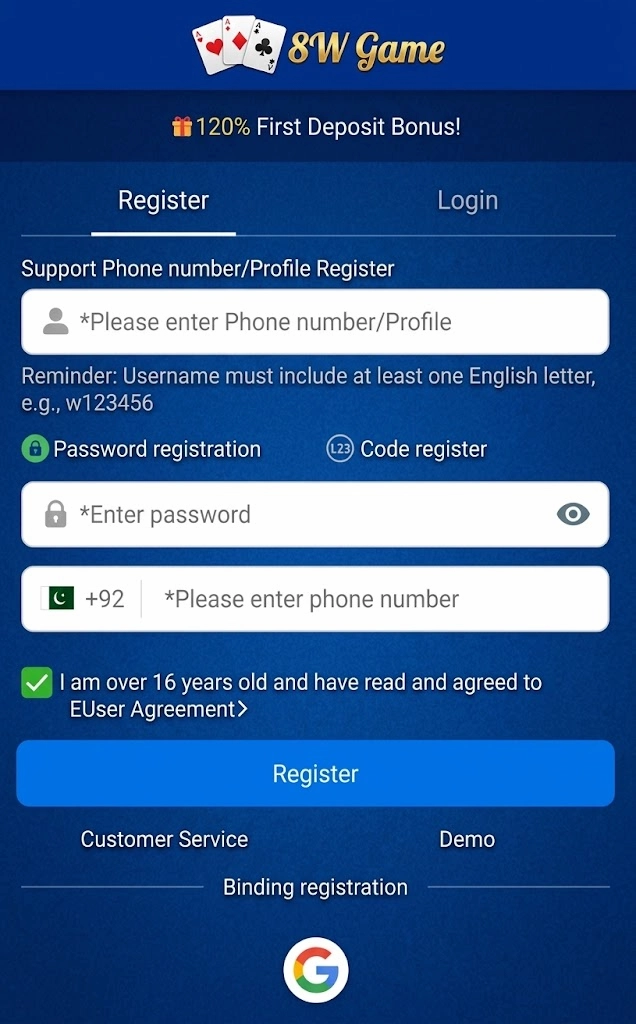 8W Register & Login