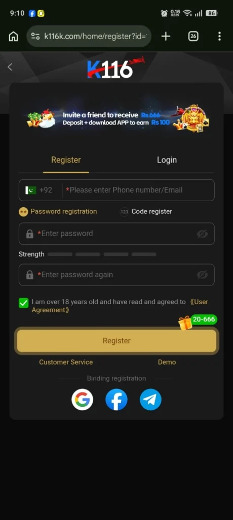 K116 Register & Login